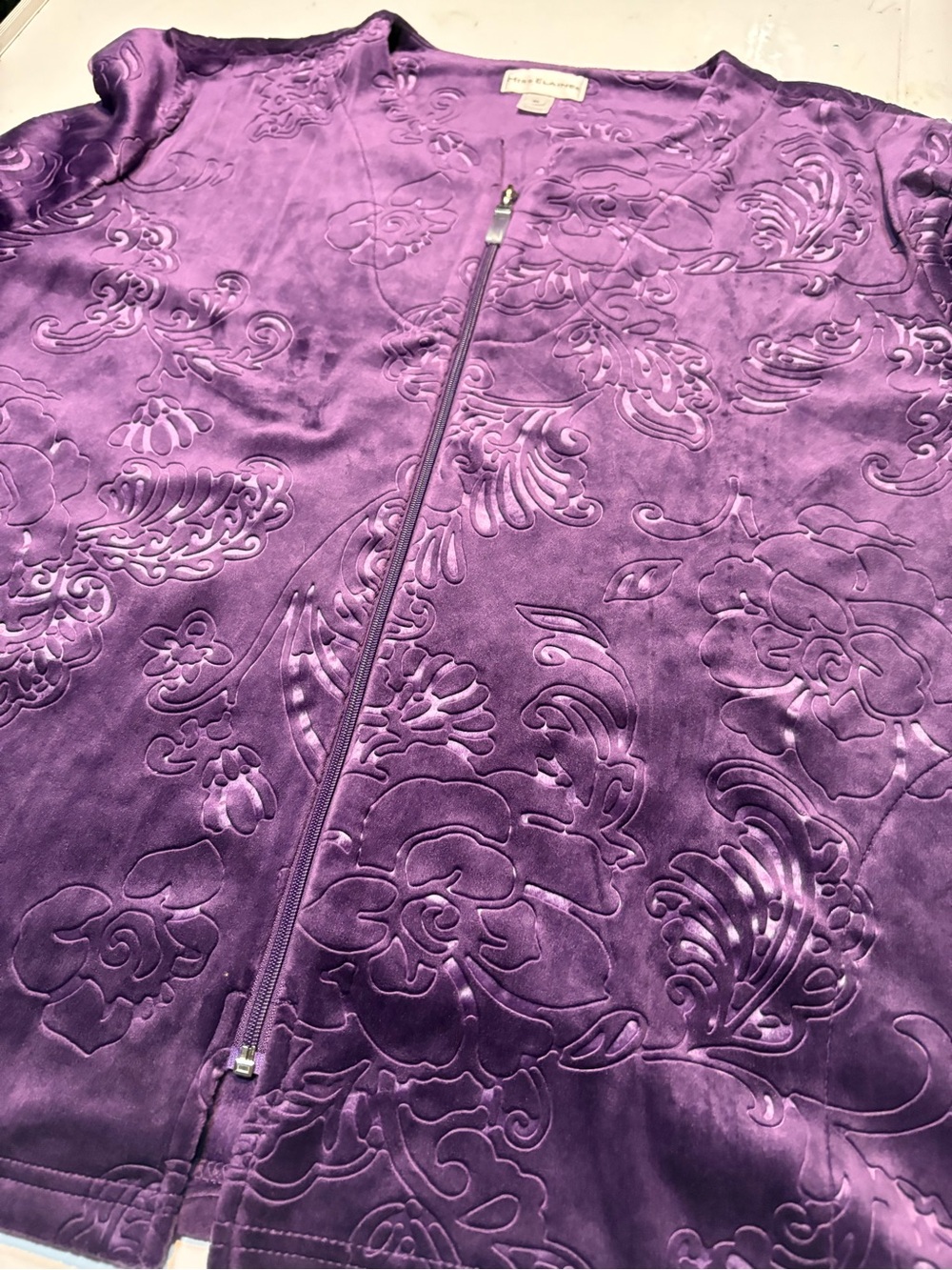 Miss Elaine dark purple embossed fleece zip-front lounge jacket xl - Picture 8 of 13